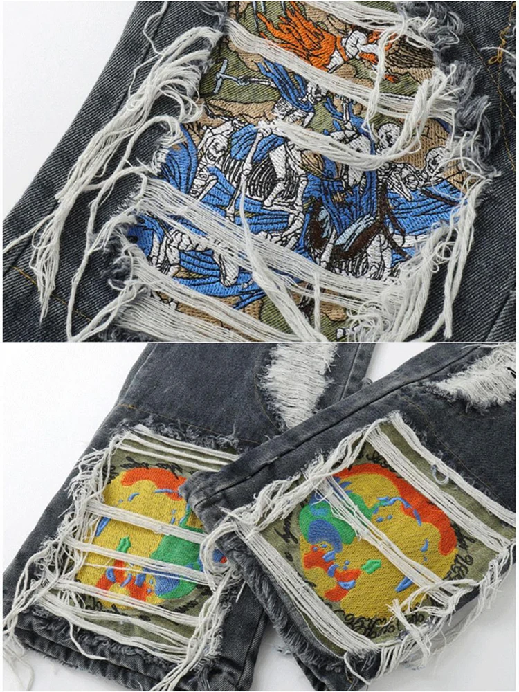 YIHANKE Y2K Embroidery Loose Jeans for Men  European and American High Street Style Washed Heavy Industry Brand Trousers Pants