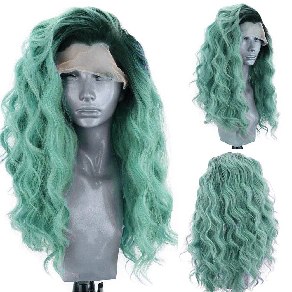 

Синтетические длинные зеленые кудрявые бесклеевые предварительно выщипанные на сетке передние парики для женщин с детскими волосами терм...