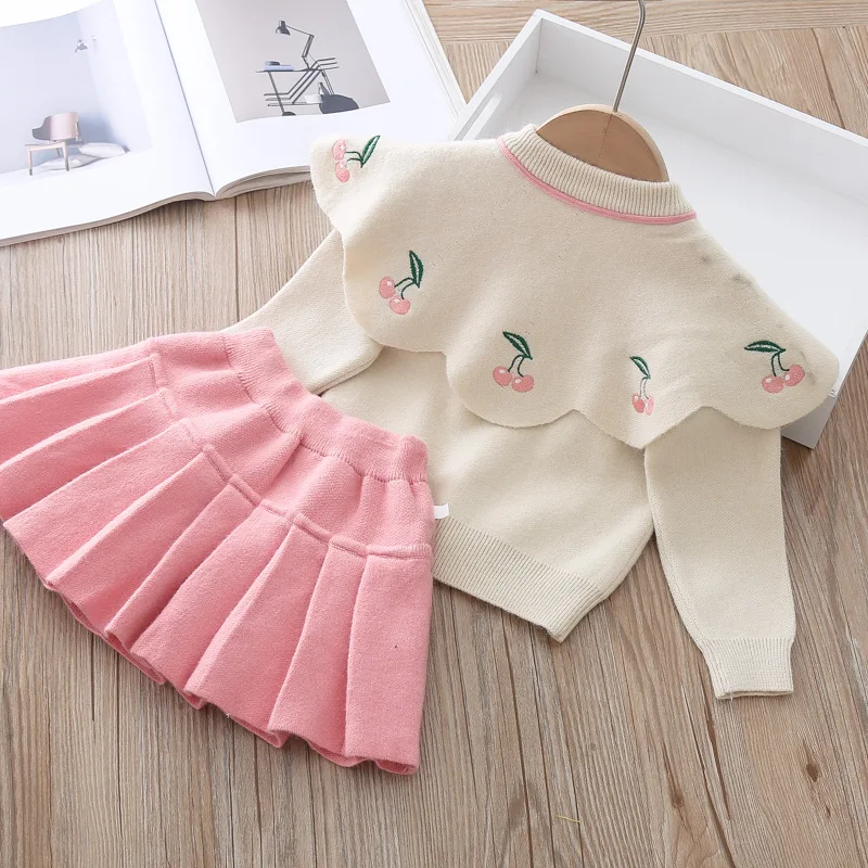2022 Autumn Knitwear Princess Clothes Set For Girls Baby Kids Children Wear Cherry Sweater Coat + Pleated Skirts Two-piece Suit | Детская