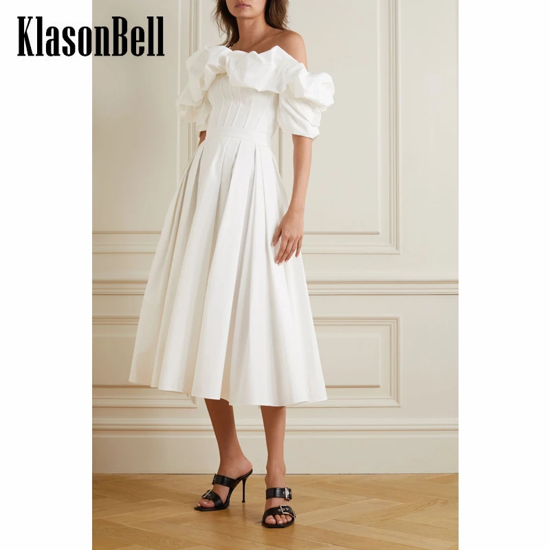 

7.22 KlasonBell Elegant Temperament Off Shoulder Ruffle Pleated Cotton Midi Dress Women