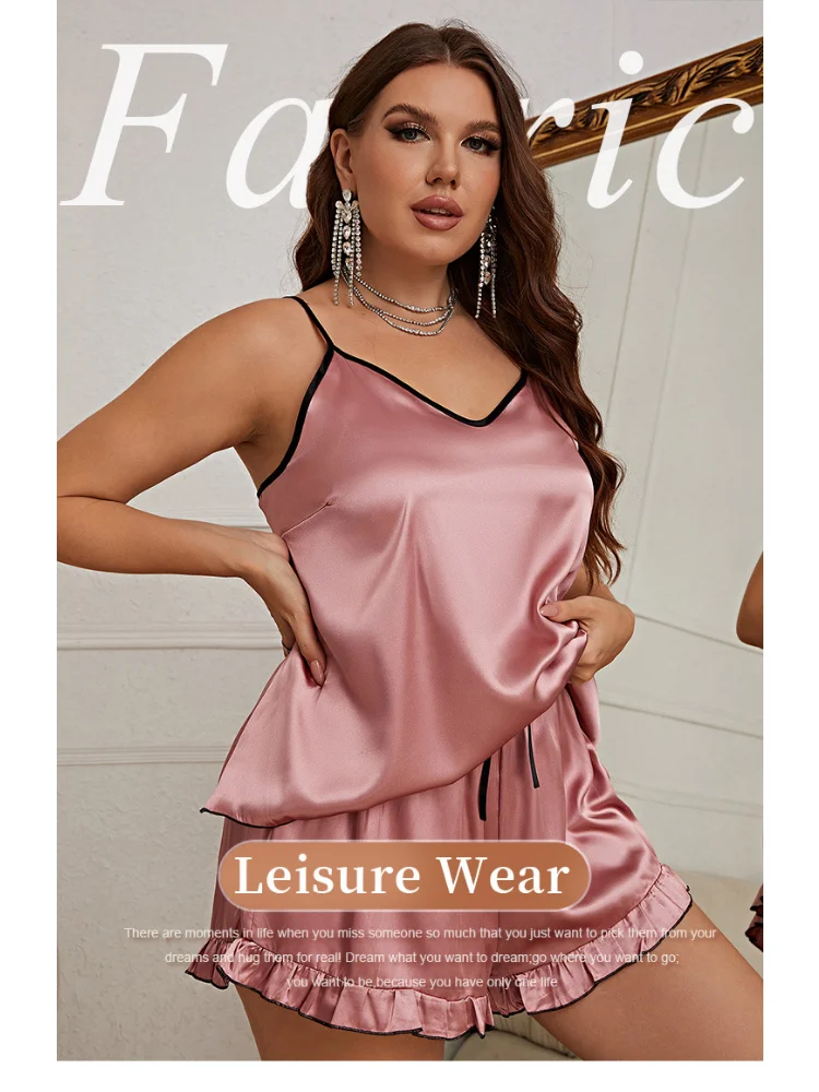 Summer Sexy Simulated Silk Women's Pajamas plus size Set V-Neck Strap Tank Top Sleeveless women clothing 2 pieces set
