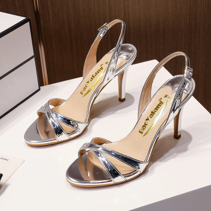 

2022 Office Lady Casual Woman shoes Ankle wrap Silver Sandals Round toe thin back strap High heels shoes sandals party shoes