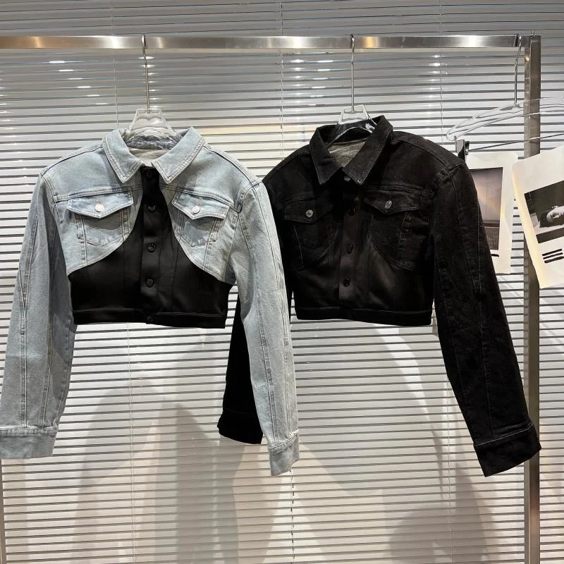 

PREPOMP 2022 Spring New Arrival Long Sleeve Turn Down Collar Double Pockets Patchwork Color Short Denim Jacket Women GD993