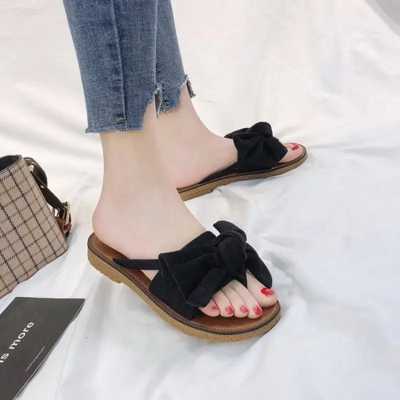 2023 New Women Summer Casual Slides Comfortable Flax Slippers Striped Bow Flip Flops Platform Sandals Ladies Indoor Shoes