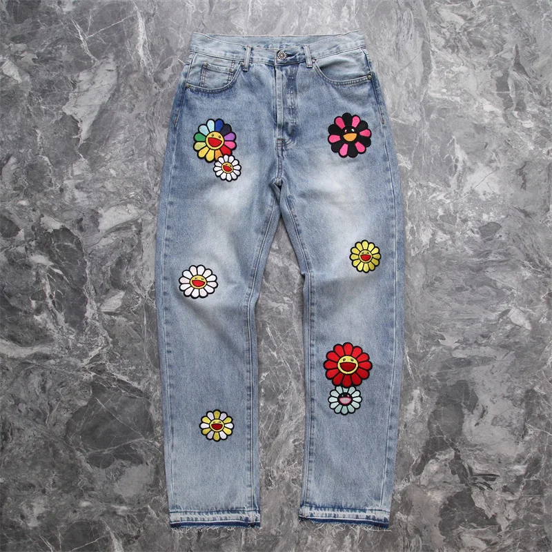 2023 Street Sun Print Smiley Face Embroidery High Quality 1:1 Men's And Women's Vintage Jeans