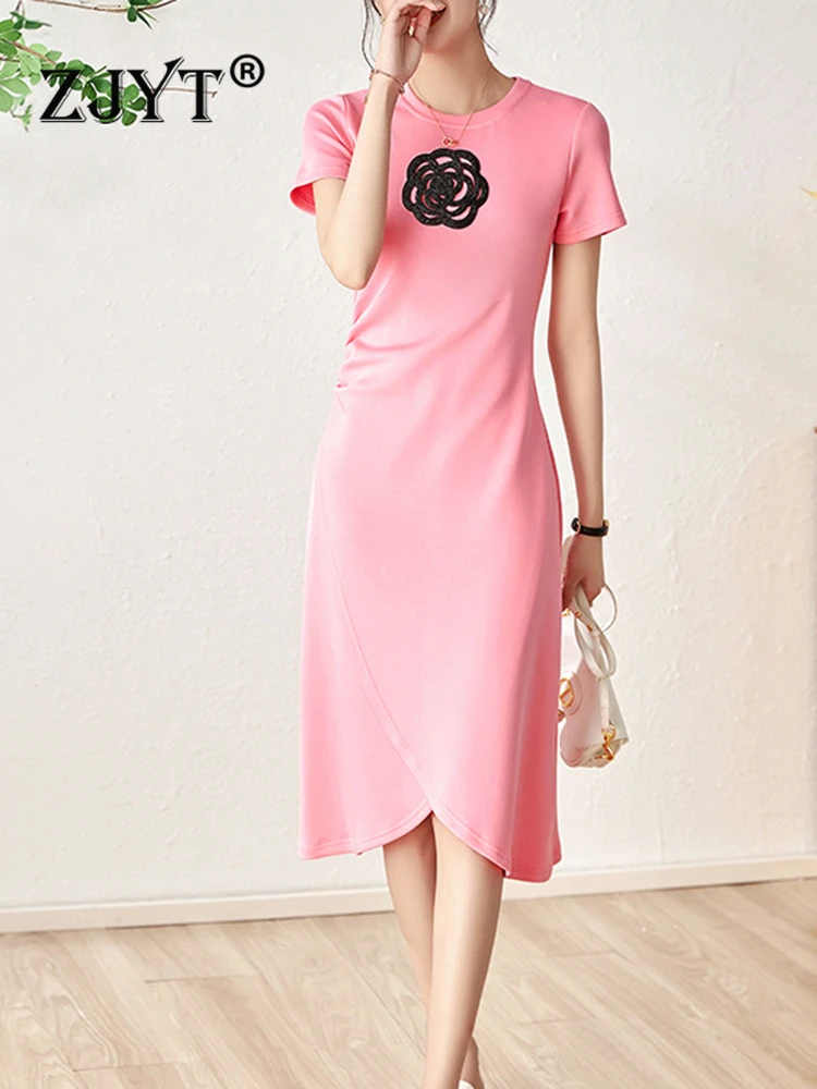 

Модное однотонное Повседневное платье ZJYT с бусинами и цветами, женские летние черные платья неправильной формы с коротким рукавом 2023, розовые и белые халаты