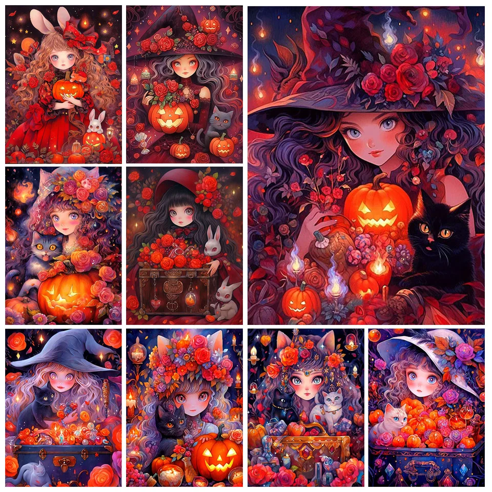 

Black Cat And Pumpkin Girl Diamond Mosaic 5d Diy Diamond Painting New 2023 Emmbroidry Cross Stitch Kit Art Halloween Gift WE1345