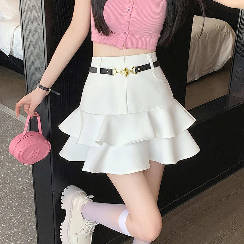 

Юбка-гофрированная рыбий хвост, элегантная Милая трапециевидная мини-юбка с поясом, с завышенной талией, облегающая, с пузырьками, летняя