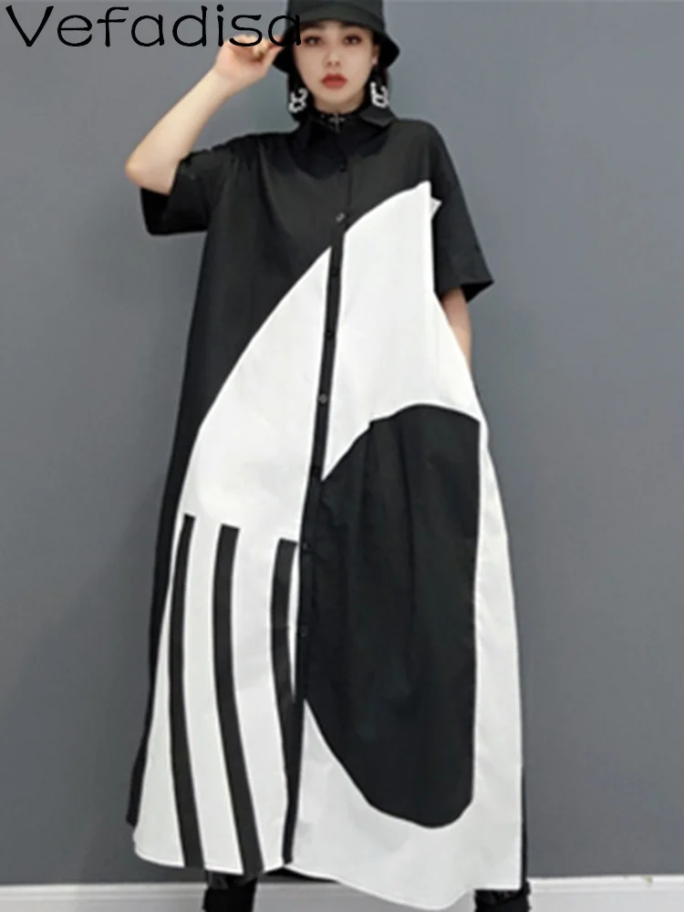 

Vefadisa 2023 Summer Short Sleeve Lapel Cardigan Dress Loose Mid-length Black White Color Blocking Dress Women's LHX4042