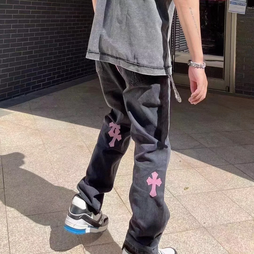 Summer Men's Leather Cross Jeans Loose Print Solid Color High Street Embroidery Pants Cotton Breathable Soft Elastic 2024 Luxury