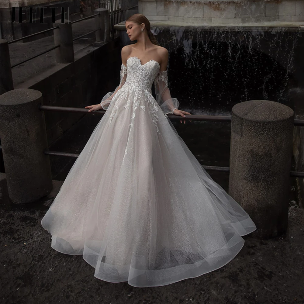 

2022 Sweetheart Wedding Dresses Long Sleeve Ivory Sweep Train Applique A-Line Bridal Gowns Vestido Novia Robe De Soiree