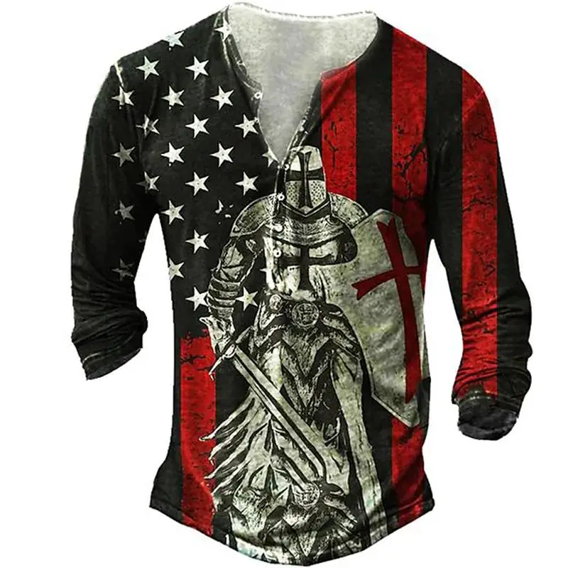 

Vintage Men's Long Sleeve Button-Down T-shirts National Flag Kinghts Templar Print Spring Loose Oversized T Shirts Men Clothing