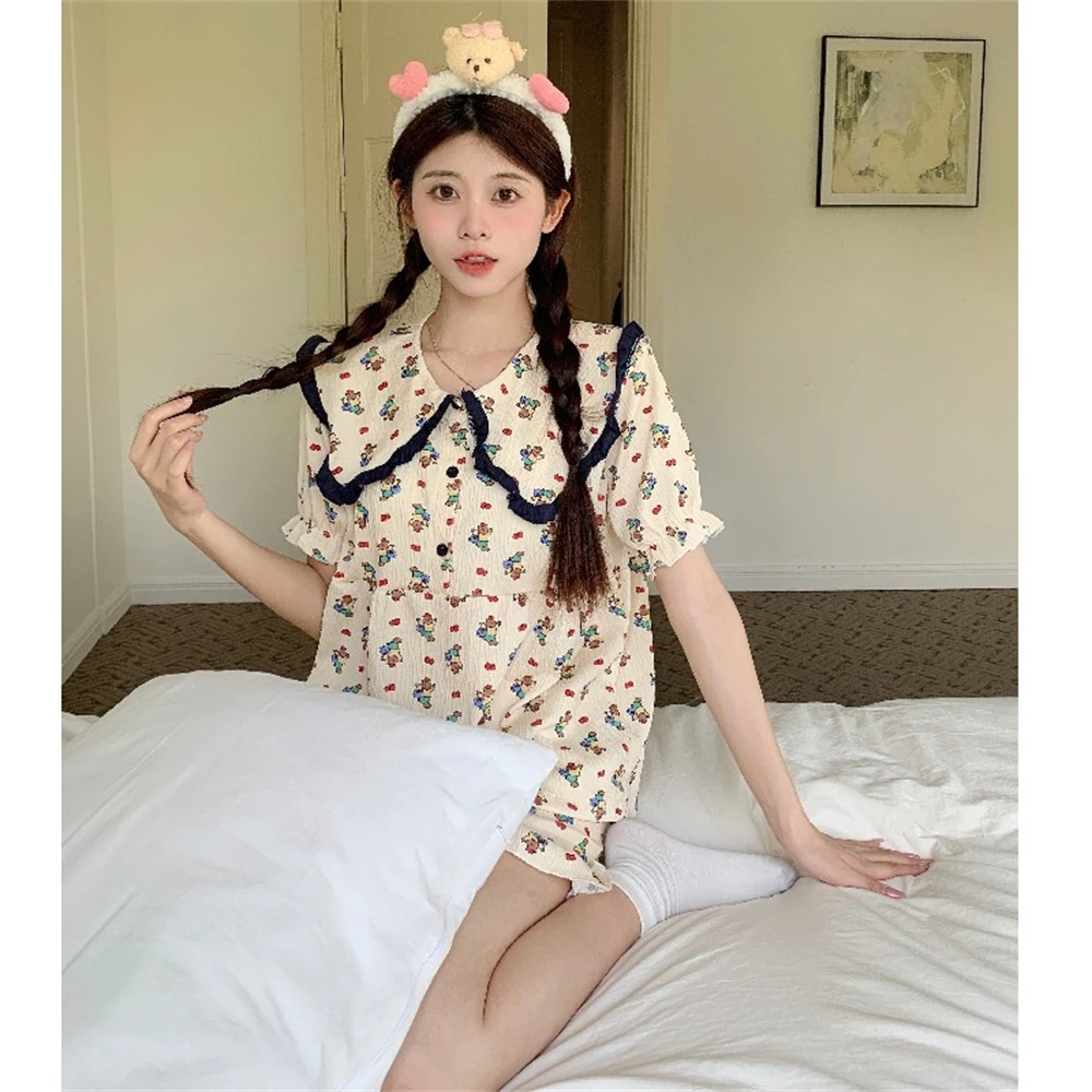 French Cute Apple Bear Navy Neck Short Sleeve Shorts Summer Set Women's Home Comfortable Sleepwear Two Piece Set