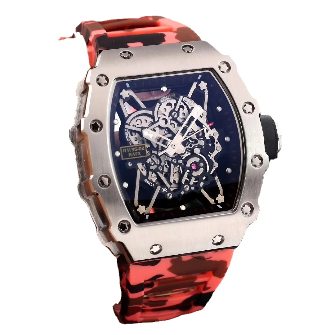 

High-Top Mens Blue Camouflage Rubber Watch Sapphire Mechanical Automatic Stainless Steel Calendar Skeleton