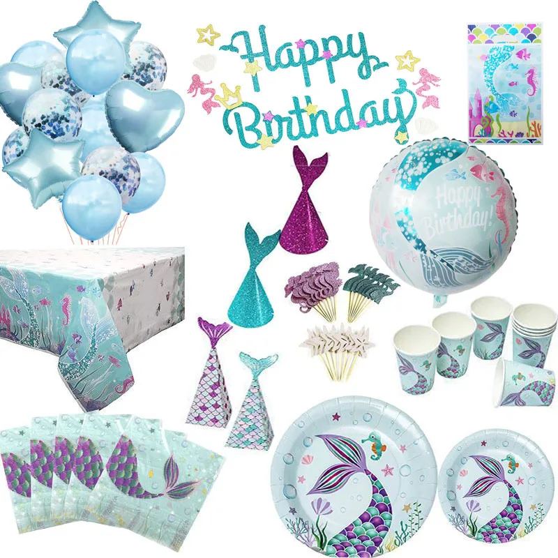 

Little Mermaid Party Tableware Set, Paper Cups, Plate, Latex Balloons, Baby Shower Party Decorations