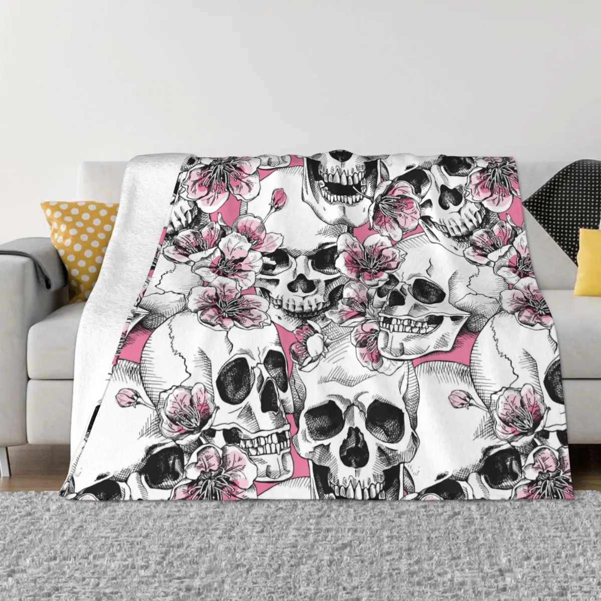

Floral Skull Knitted Blankets Coral Fleece Plush Pink Cherry Lightweight Throw Blankets for Bedroom Sofa Bedspread