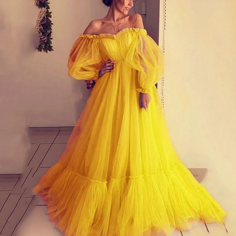 Elegant Off-Shoulder Ball Gown Women Pink Slash-Neck Comfort Mesh Formal Dress Bridesmaid Clothing Blue Floor-Length Party Robes