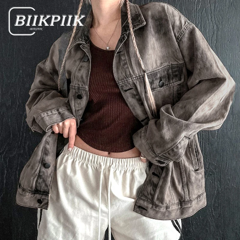 

BIIKPIIK Casual Tie Dye Pockets Women Denim Coats Street Style Distress Turndown Collar Long Top Fashion Clothing Autumn Outfits