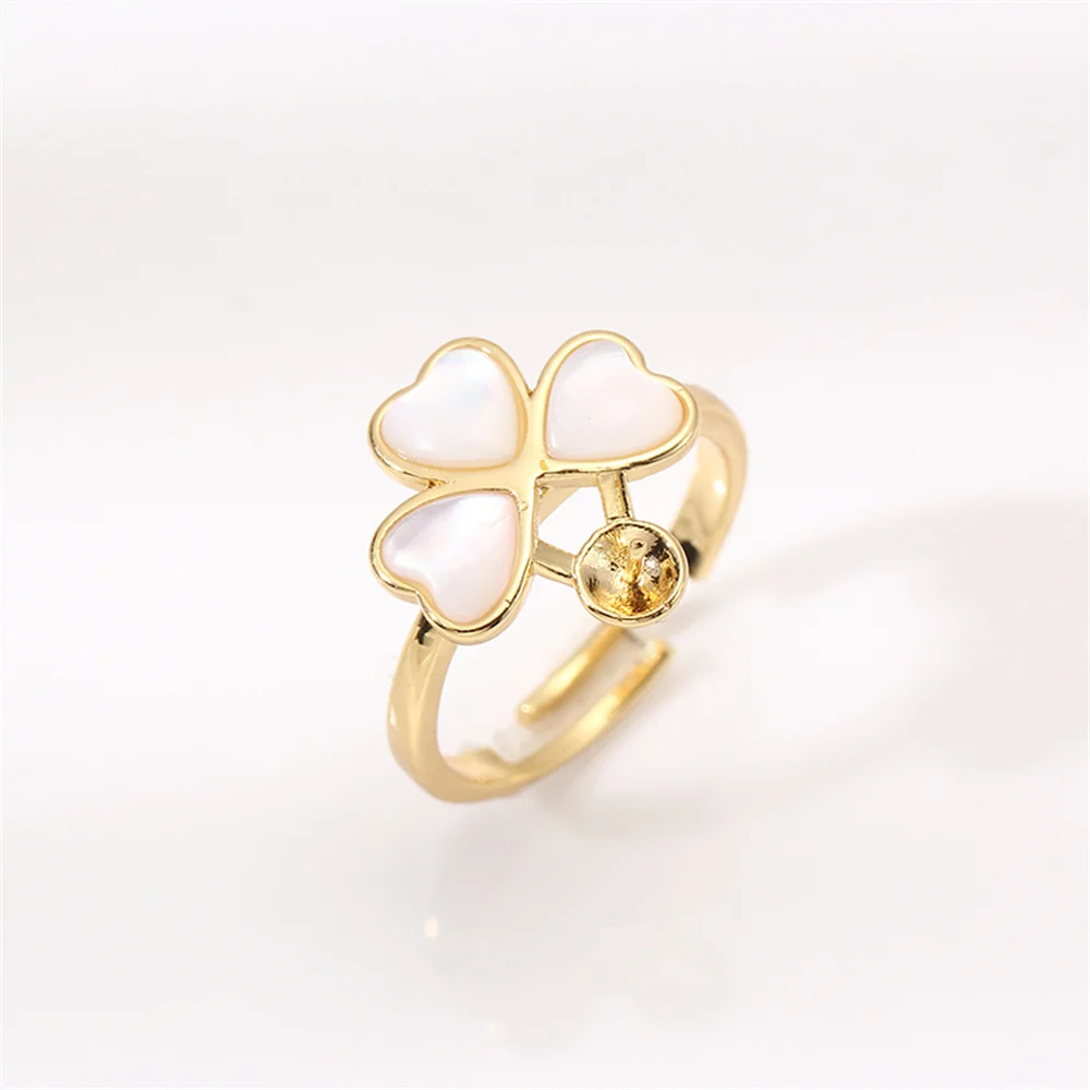 

14k gold plating color preservation simple clover shell pearl ring opening adjustable DIY accessories