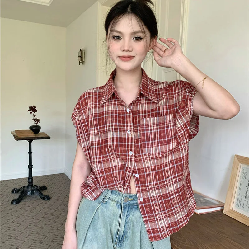 Женская свободная рубашка в стиле ретро повседневная клетчатая блузка с