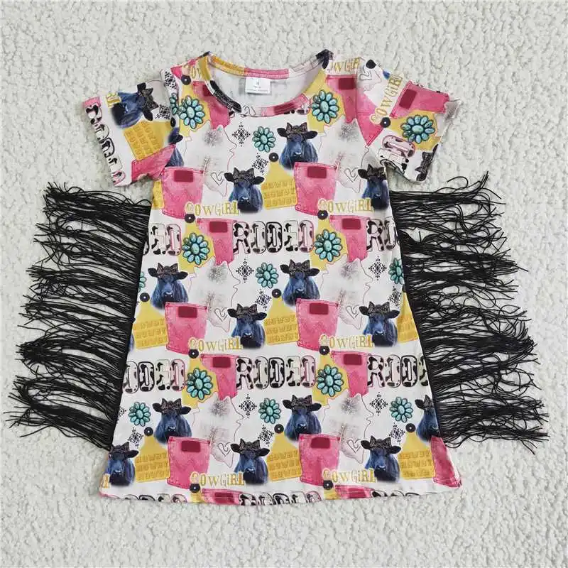 Kids Summer Western Cowgirl Rodeo Dress Baby Girl Short Sleeve Cow Tassel Clothing Wholesale Fashion Children Toddler Clothes