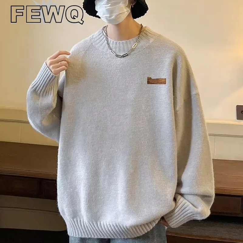 

FEWQ Round-collar Men's Autumn Knitswears Embroidery Label Sweaters Korean Fashion Male Casual Pullovers 2022 New Tops 24B472