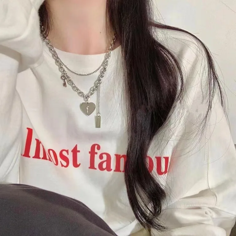 

Korea ins Street Hip-Hop Influencer Double-Layer Love Key Necklace Female Niche Unique Trendy Couple Clavicle Chain