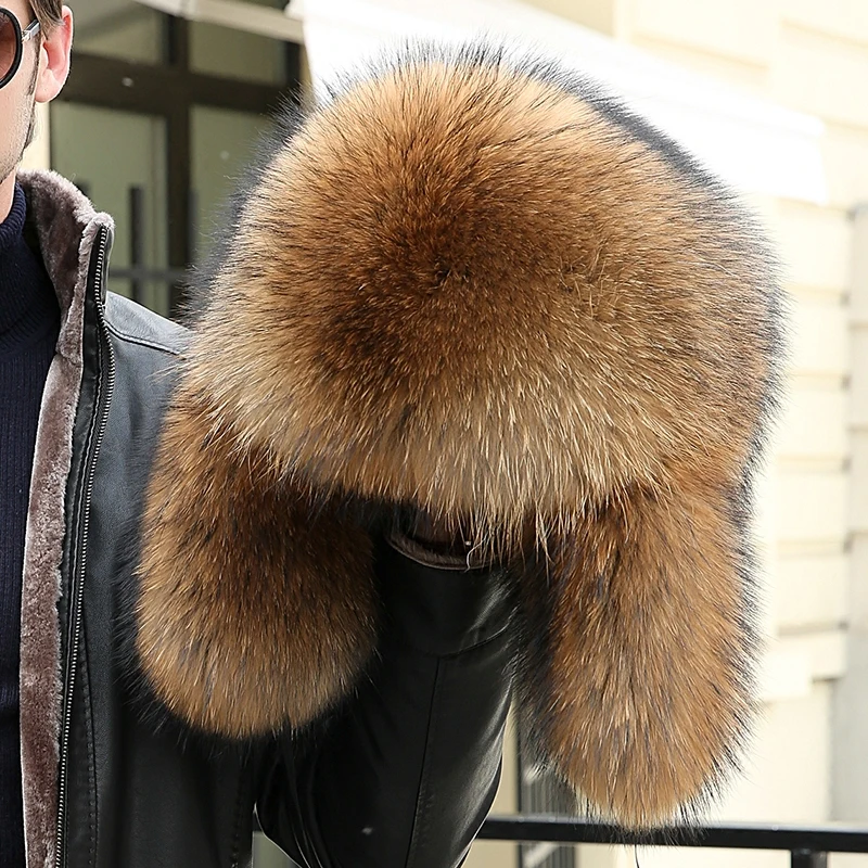 ZDFURS*Fox Fur Ushanka Men's Middle-Aged  Elderly Winter Thickening Raccoon Fur Northeast Full Fur Overlord Hat Fur Hat Winter