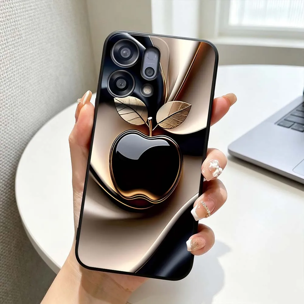 Фото Чехол для телефона White Apple Gold Leaf для OPPO Find X5 X6 X8 X9 Ultra Lite Reno15 Reno14 Reno13 Reno12 F Pro Max 5G, черный №2