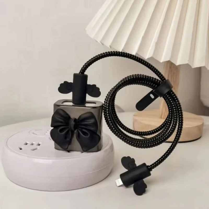 Фото Black Love Bow 18 Вт/20 Вт USB-зарядное устройство, защитный чехол, защита кабеля для Apple iPhone 16 15, зарядный кабель, веревки для зарядного устройства для передачи данных №3
