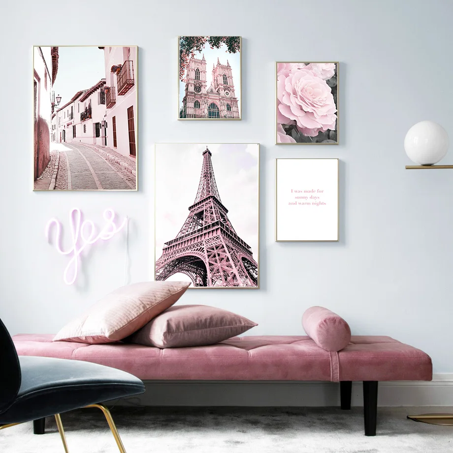 Розовая Парижская телефонная будка автомобили карусель настенная Картина на