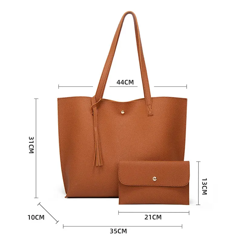 Women Solid Color Tassel Pu Leather Large Capacity Shopping Bag Purse Handbag Ladies Tote Shoulder Bag for Outdoors