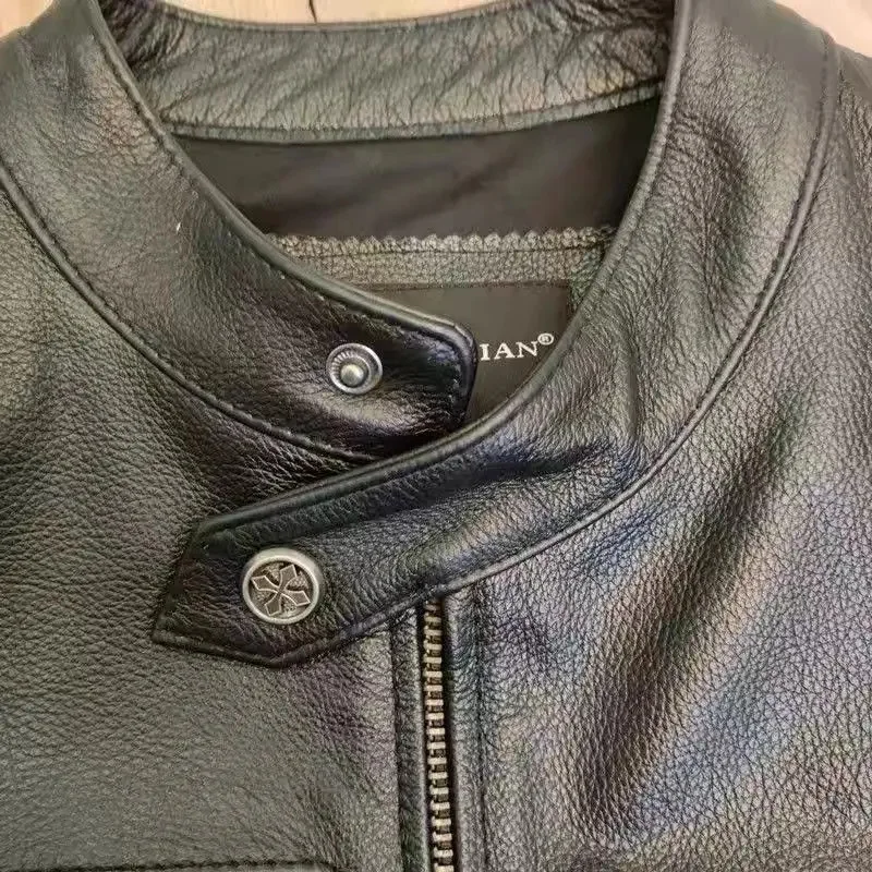 Кожаная мужская куртка натуральная негабаритная короткая мотоциклетная