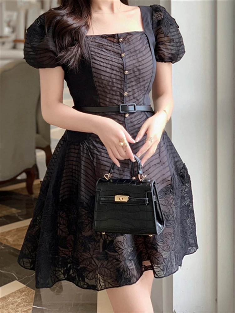 A-Line Solid Vintage Black Summer Woman Lace Embroidery Mesh Short Sleeve Party Dresses Women Dress Elegant Boho 2023 Sexy Robe