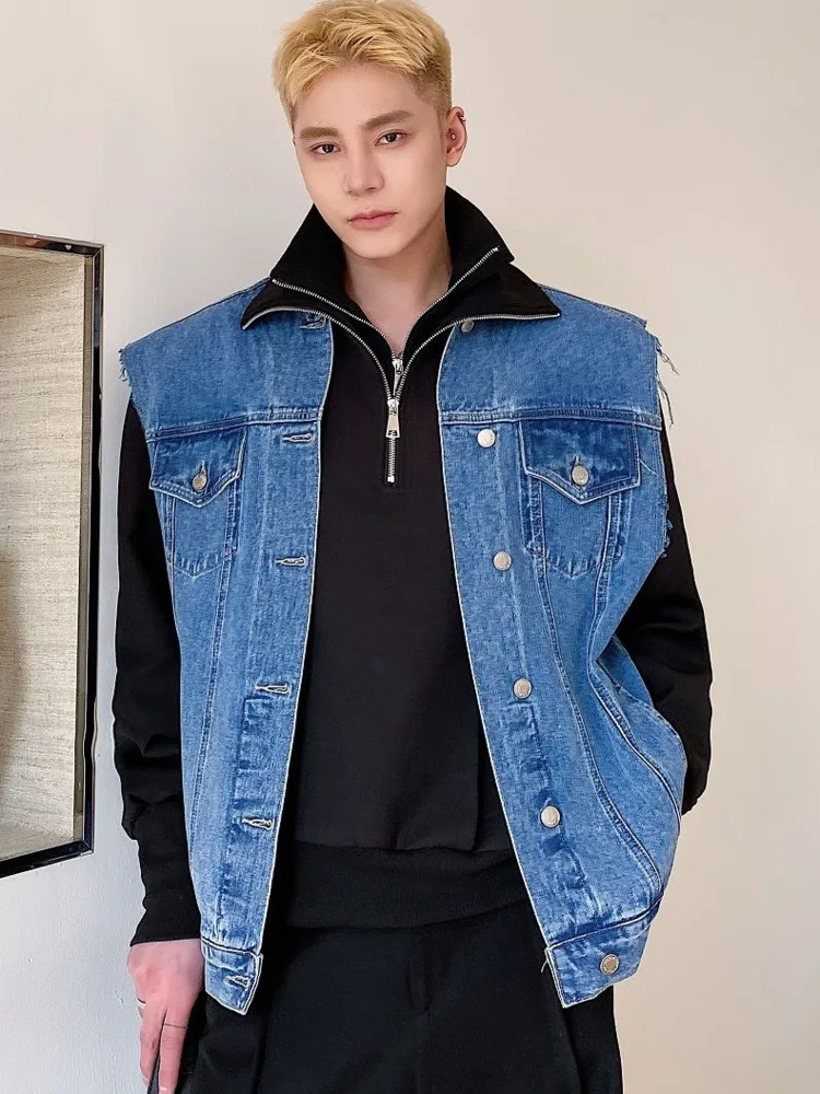 

SYUHGFA Korean Style Men Clothing Casual Burrs Denim Vest 2022 Spring Fashion Round Collar Loose Top Loose Single Breasted Vest