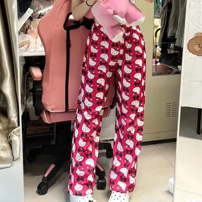 

Милые Широкие штаны Hello Kitty с принтом Sanrio, милые Мультяшные Ретро Модные свободные универсальные повседневные домашние штаны с эластичным поясом