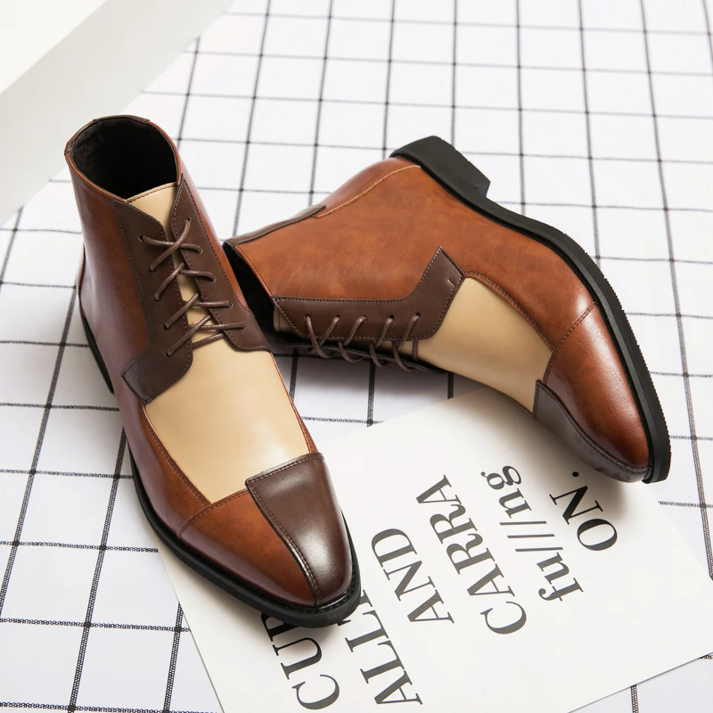

Coslony Splicing Oxford Men Boots High Top PU Leather Trend Casual Shoe Green Brown British Party Fashion Men Boot Vintage 38-48