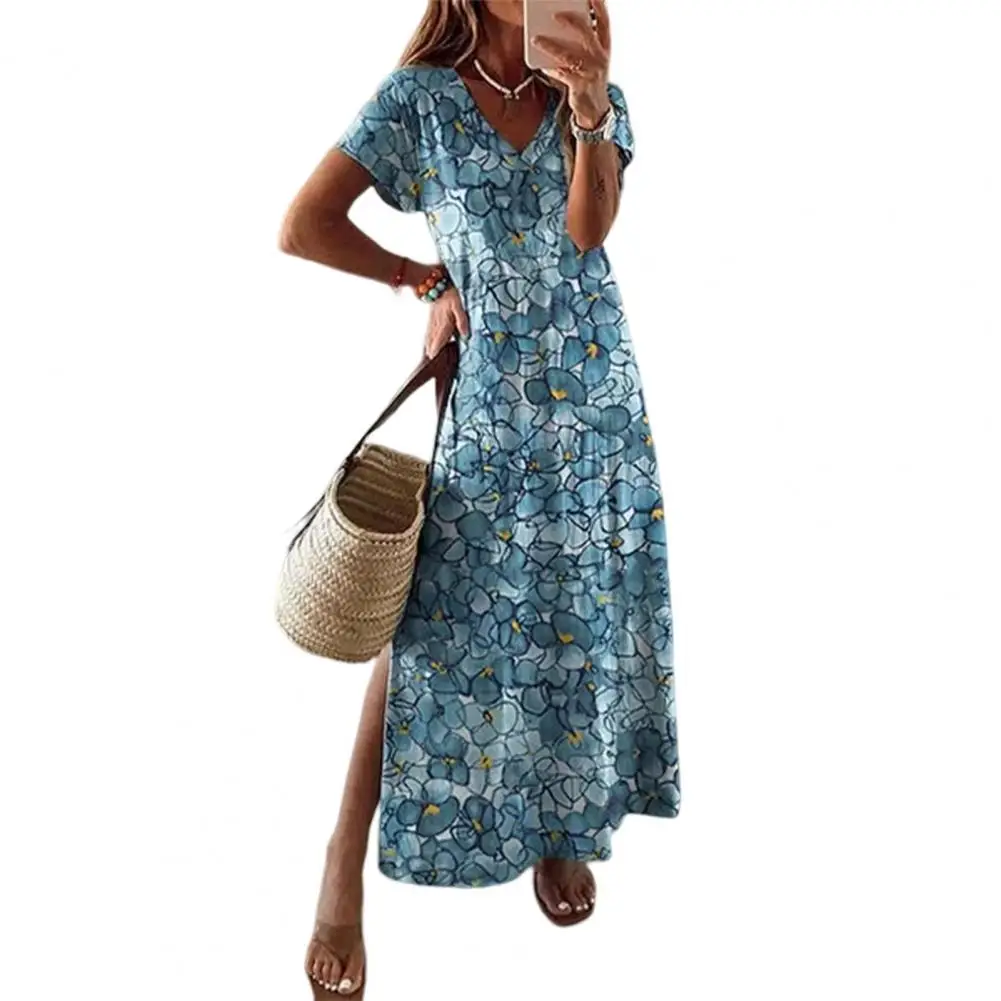 

Summer Beach Dress Women Short Sleeves Loose Flower Print V Neck Vintage Dating Side Split Colorfast Maxi Dress Female Clothes