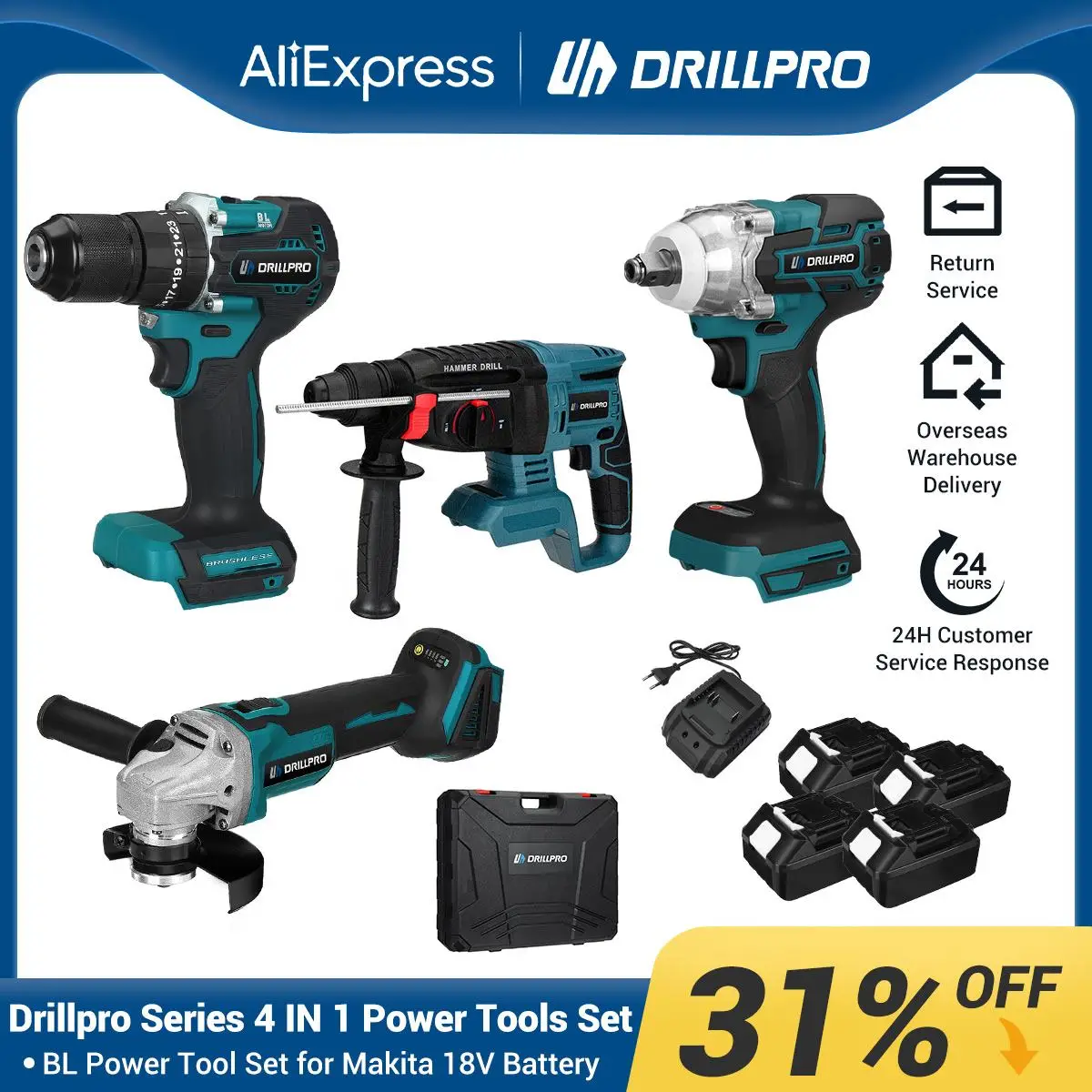 

Беспроводной гаечный ключ Drillpro 4 в 1, шлифовальный молоток, электроинструмент с зарядкой от 4 батарей, набор инструментов для электрической дрели