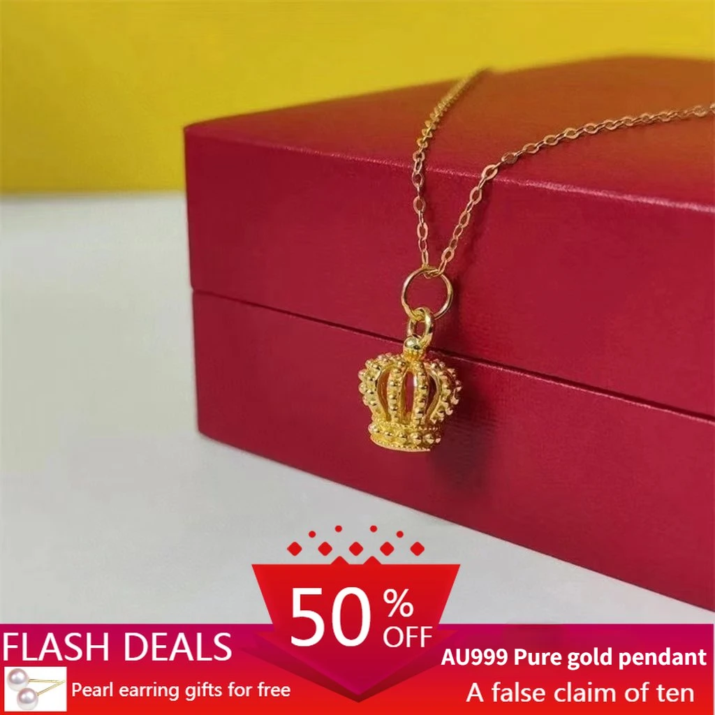 

Pure Gold Crown Pendant AU999 Fine Gold Jewelry with 18K Gold Necklace or S925 Silver Necklace Girlfriend Necklace Gifts 999.00