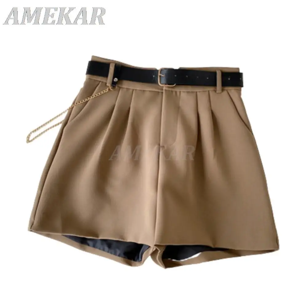 Women's Casual Solid Work Wear Pants Summer Black All-match Thin Loose Wide Leg Shorts Lady High Waist Straight Tube Suit Pants