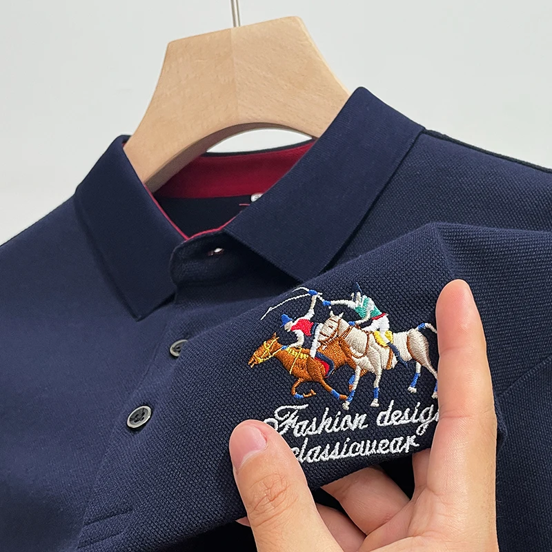  Осень 2023 Новый мужской модный поло с длинными рукавами люксовый бренд 100% хлопок