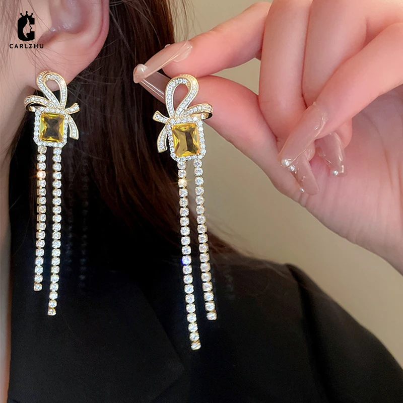 

Light Luxury Zircon Bowknot Square Tassel Long Drop Earrings Temperament Style Earring for Women Wedding Party Jewelry Gift