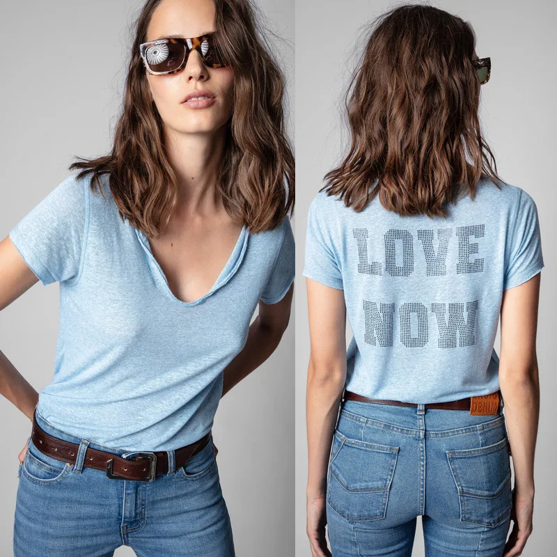 

2023 spring and summer new French style letter LOVE NOW hot diamond printing U-neck women's short-sleeved T-shirt