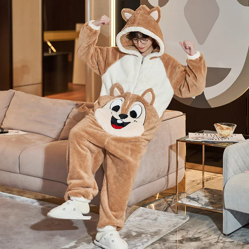 Winter Couple Pajamas Jumpsuits Onesie  Women Men Warm Thicken Cartoon Squirrel Sleepwear One-Pieces Lovers Pyjamas Hoodie Suit