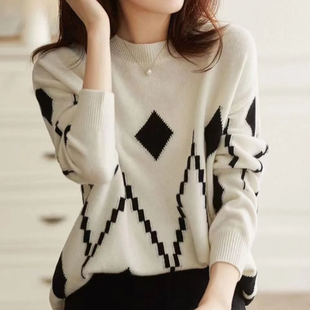 

Контрастный вязаный свитер, женский осенне-зимний свободный облегающий пуловер с круглым вырезом в новом стиле