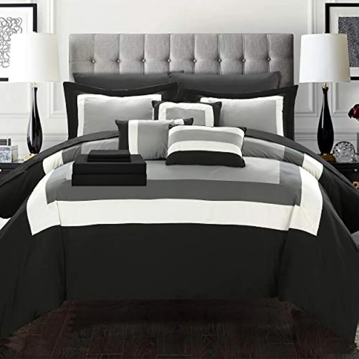 

Home 10-Piece Bed in a Bag Comforter Set, Brushed Microfiber,Shams, Decorative Pillows and Sheet Set Included, Queen, Black