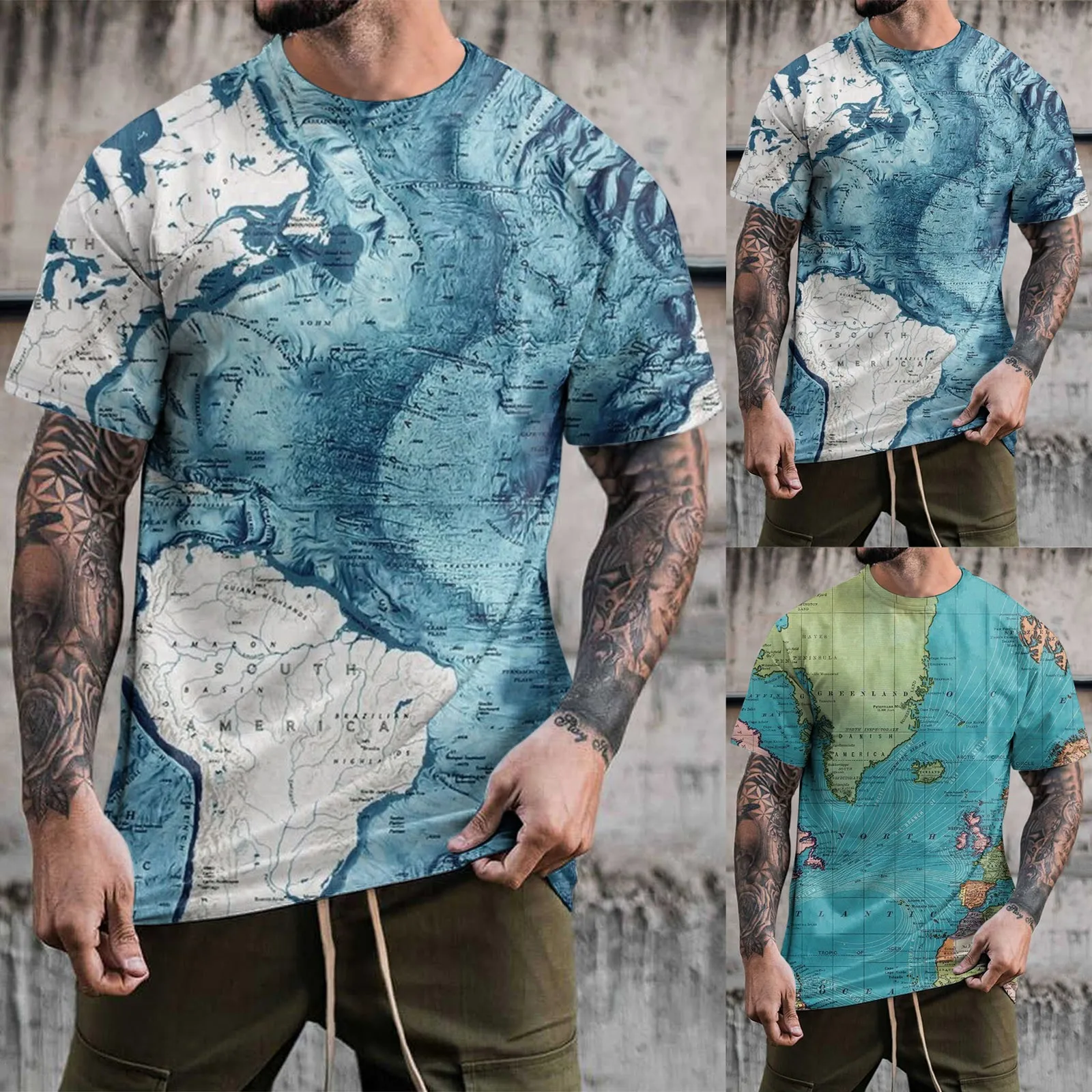 

Summer Men's T-shirt Map Printing Retro Distressed Vacation 3d Fashion Tee O-neck Short-sleeved Casual Street Oversized Clothing
