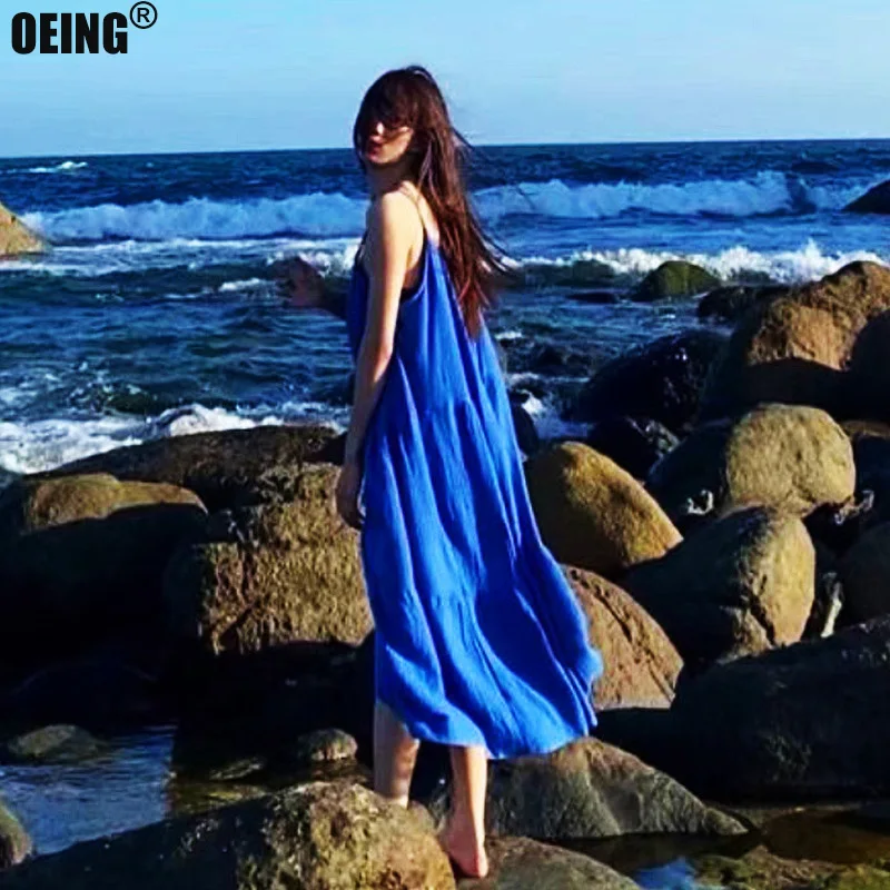 

Summer 2022 New Beach Vacation Loose Casual Sling Long Dress Women Blue Sweet Vintage Fashion Sleeveless Maxi Dresses Female
