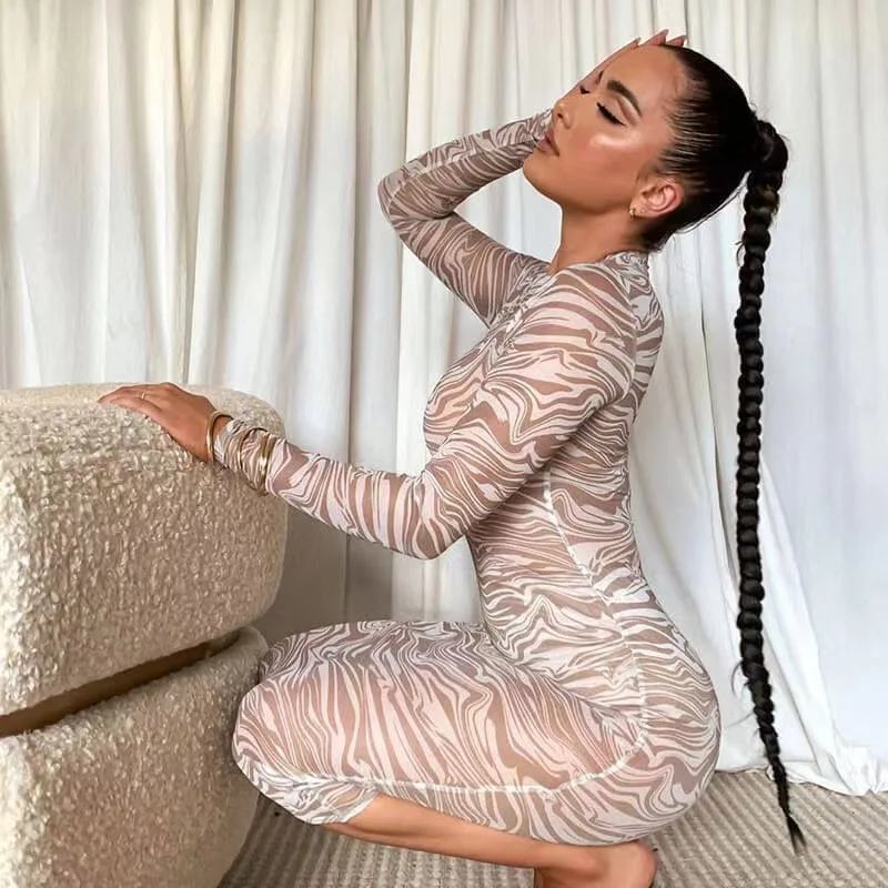 

FOR European and American women's round neck long sleeves with mesh and body length skirt slim perspective thin long dressPD